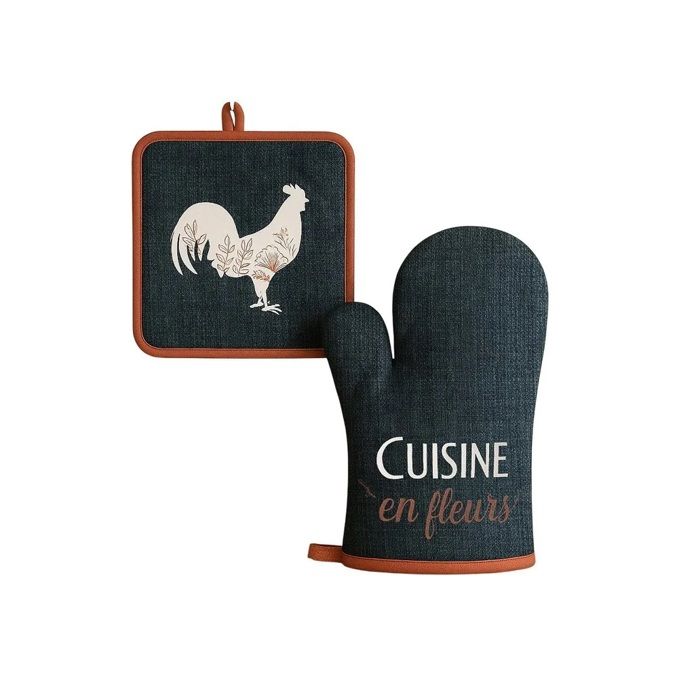 Gant et manique de cuisine 20 x 20 cm Coq et fleurs