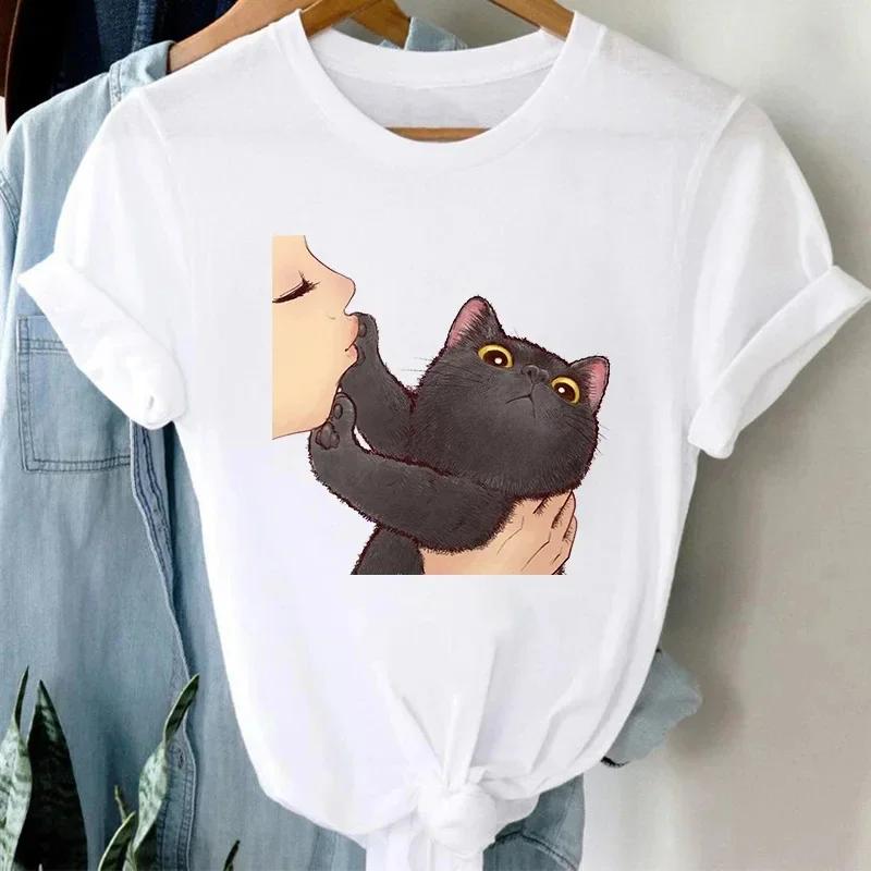 Summer Cute Cat Pattern Printed T-shirt with Breathable Micro Elastic Fashion Short Sleeved White Minimalist Versatile Top