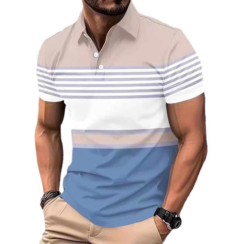 Nuova Polo Casual da Uomo Estiva con Collo a Rever, Bottoni, Strisce e Color Blocking T-shirt Top