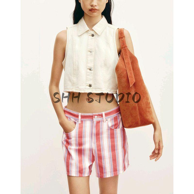 Summer Women's Clothing Minimalist Style Metal Button Decoration Short Denim Lapel Sleeveless Vest Waistcoat 6147127