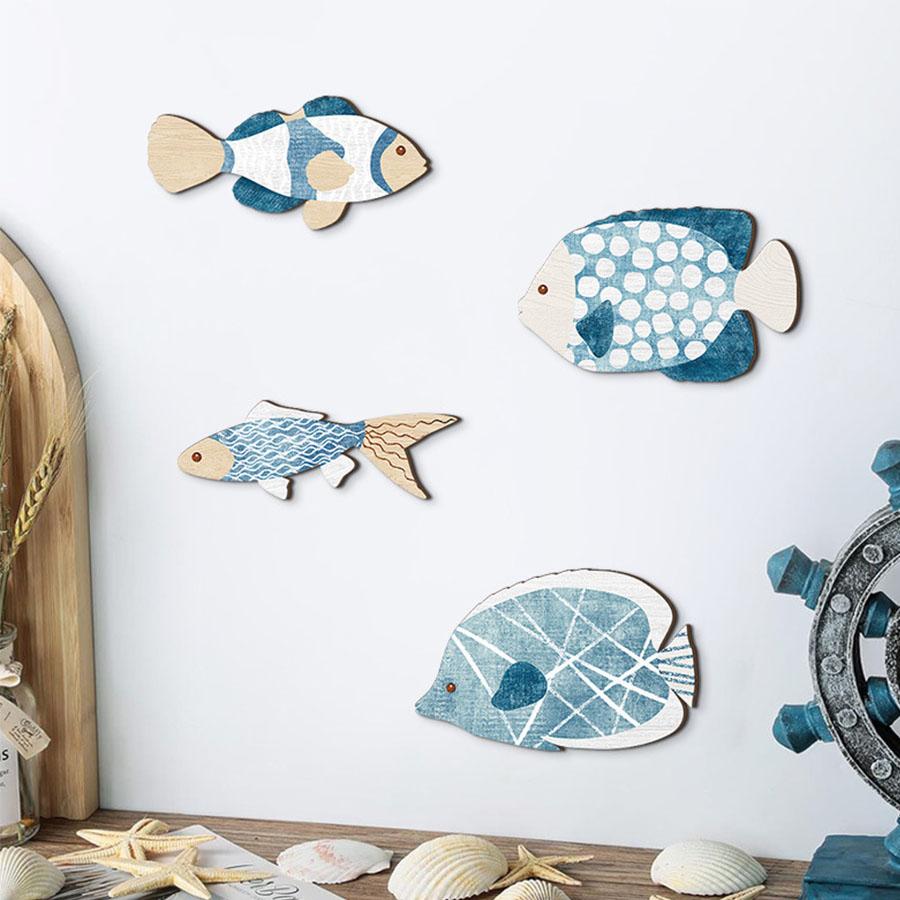 4pcs Nordic Bathroom Wall Decoration Set Wooden Hanging Coastal Wooden Wall Decoration Navigation Decoration Hanging Sea Fish