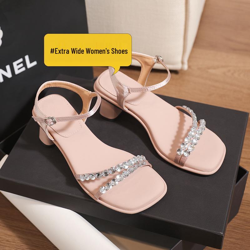 Sandály na silném podpatku ve stylu víly pro široká chodidla - Letní móda s jedním páskem a kamínky pro ženy