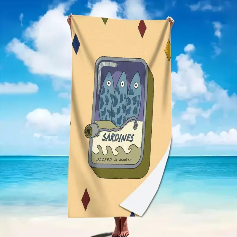 Vintage Cartoon Sardinendose Strandtuch Gestreift Lustig Küsten-Lebensmittel Grafikdruck Weiches Saugfähiges Schnelltrocknendes Handtuch für den Strand