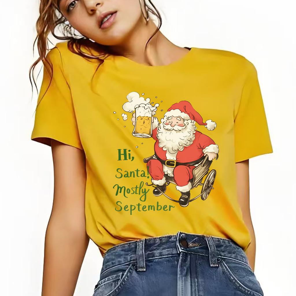 Merry Christmas  Santa Claus Cheers Beer Fun Printed Pattern Tshirt Short Sleeve Round Neck Versatile Womens Tshirt