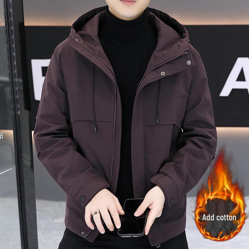 Herrjacka med huva, bomullsfodrad, vindtät, för höst och vinter