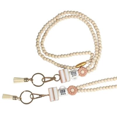 Fashion Wood Beaded Lanyard with ID Holder Pink Daisy Beads Teacher Lanyard with Tassel ID Holder Strap Women
