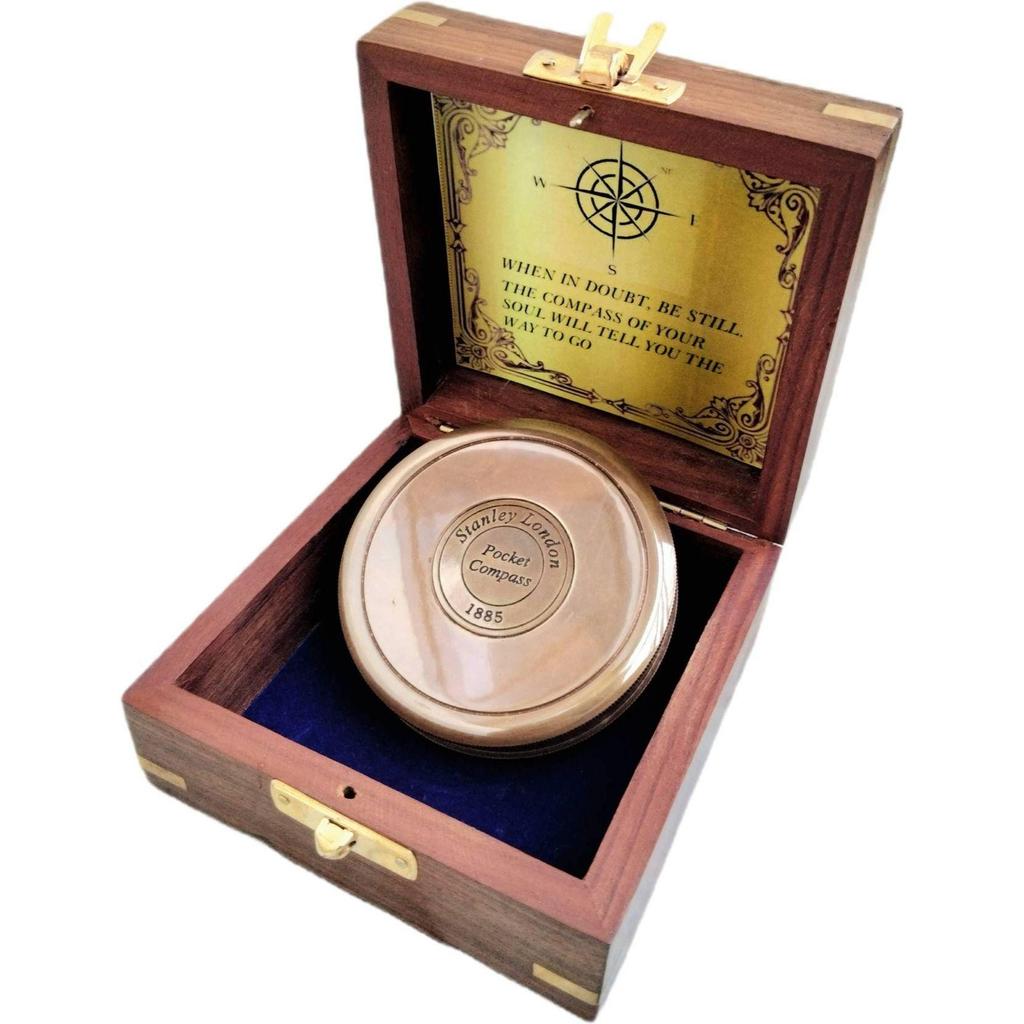 India Antique Brown Finish Brass Poem Compass Stanley London With Wood Box Nautical Compass (Brown)