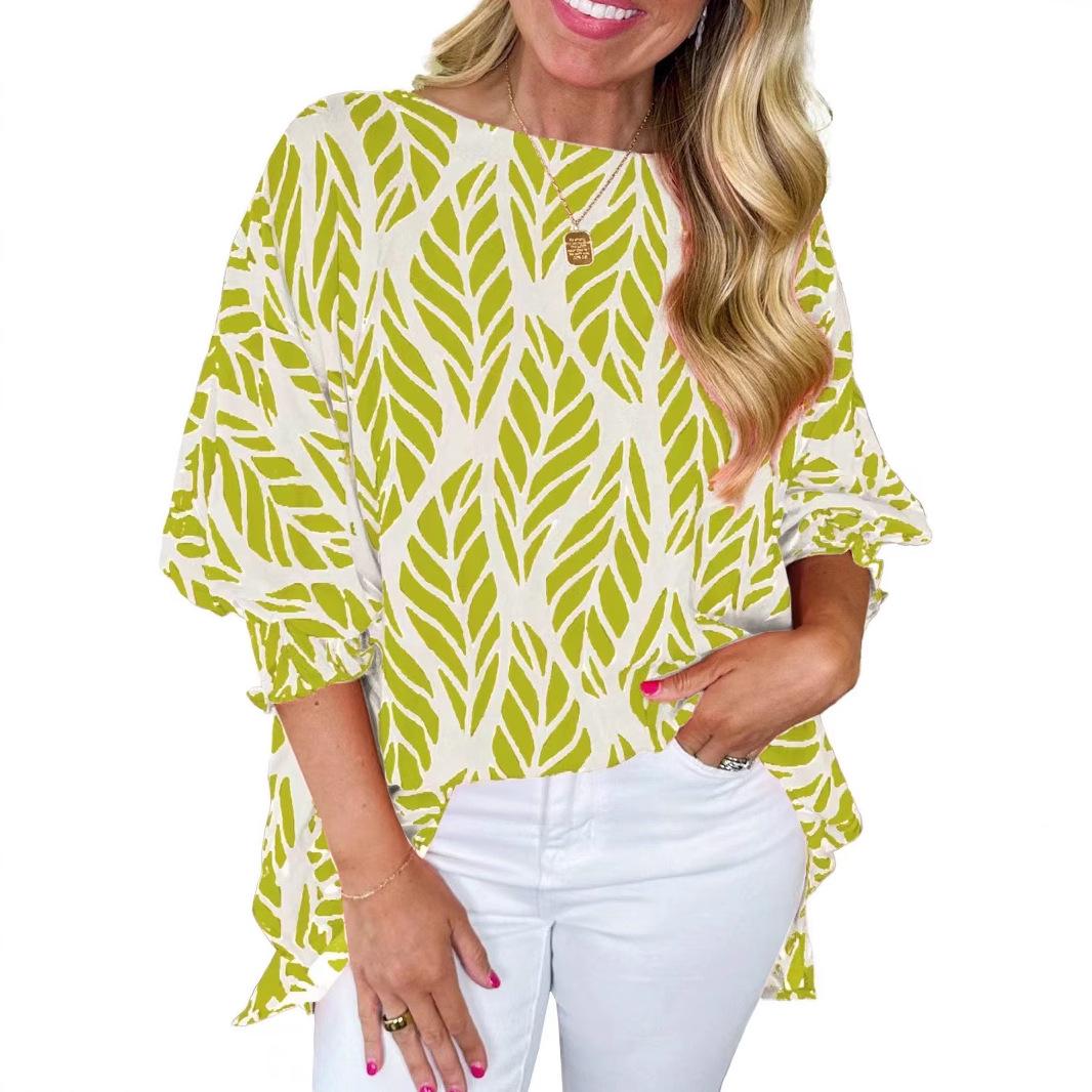 

2026 Summer Floral Print Women s Ruffle Three-Quarter Sleeve Top XL зелений