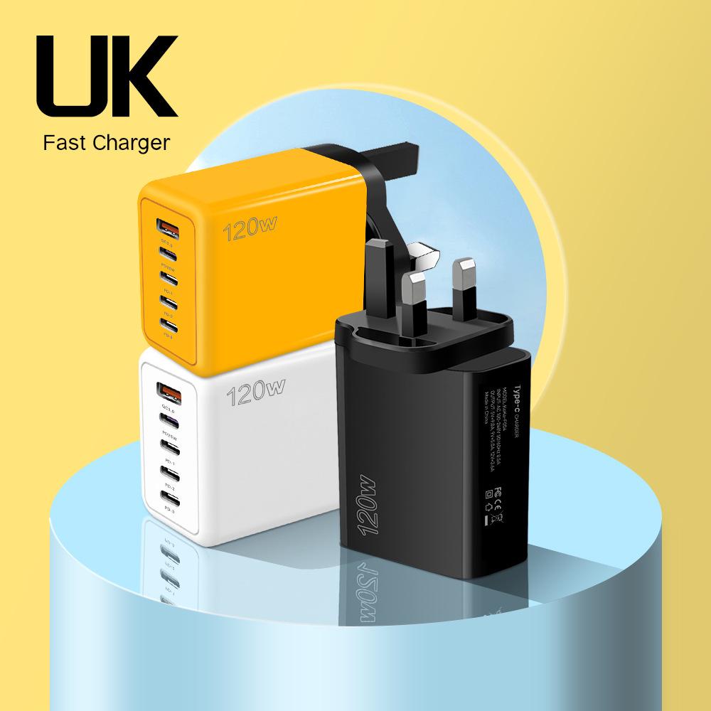 120W Multi-Port Fast Charger - 4 Ports + USB, Compatible with Xiaomi, Apple, Type-C; EU, US, UK Standards