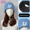 Synthetic Knitted Hat Wig For Women Long Wavy 16inch Black-brown Hair Warm Soft Knitted Autumn Winter Cap Heat Resistant Wig