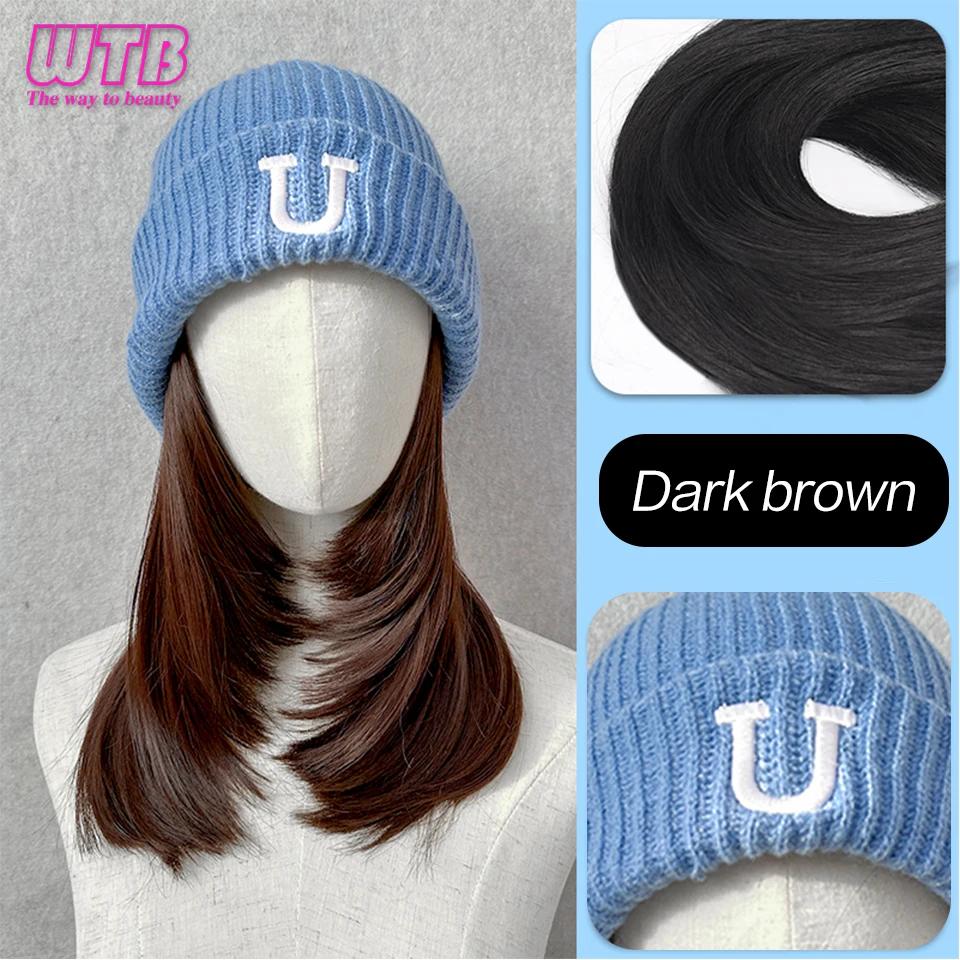 Synthetic Knitted Hat Wig For Women Long Wavy 16inch Black-brown Hair Warm Soft Knitted Autumn Winter Cap Heat Resistant Wig