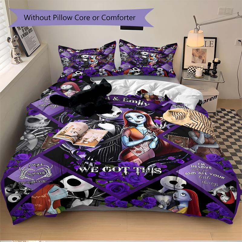3pcs Nightmare Before Christmas Jack & Sally Printed Quilt Set, Soft and Comfortable Quilt Cover for Bedroom, Guest Room and Dormitory Decor