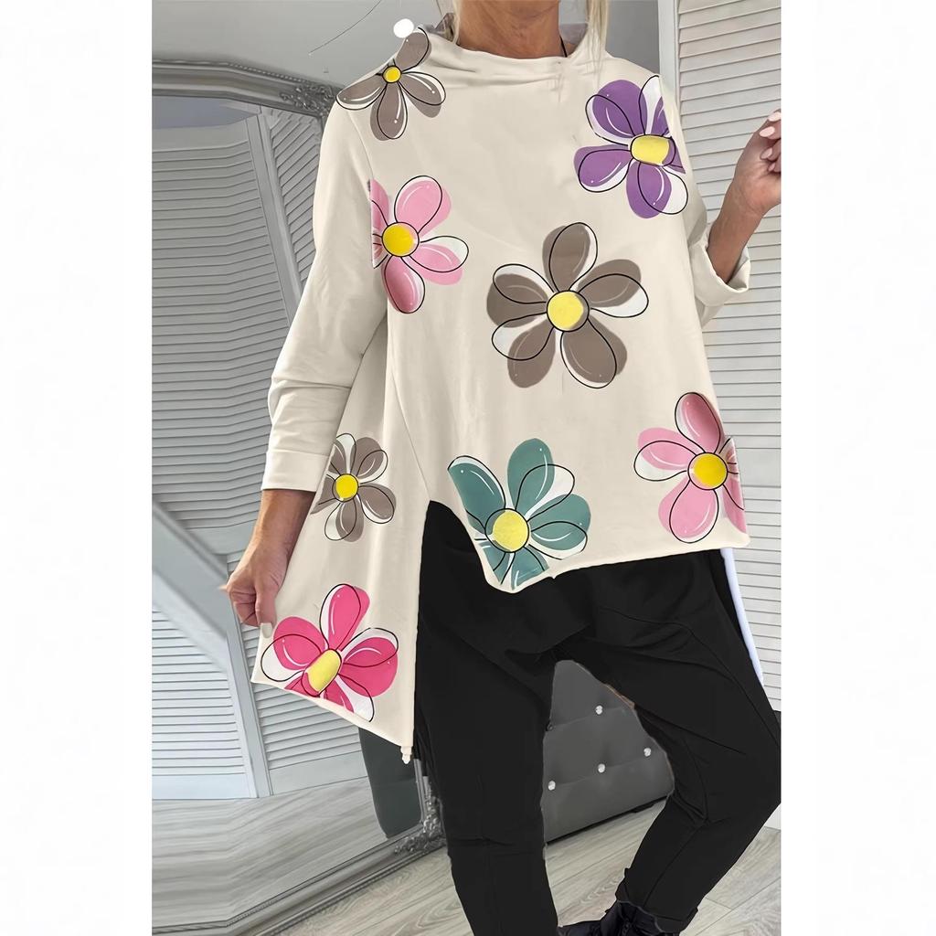 Übergröße Waldblumen Lockerer Schnitt Unregelmäßiger Saum T-Shirt