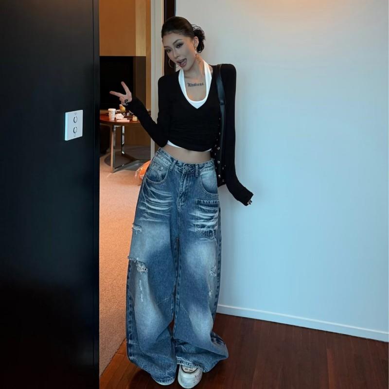 Womens High-Waisted Wide-Leg Straight Fit Distressed Denim Jeans Loose Comfortable Streetwear Style