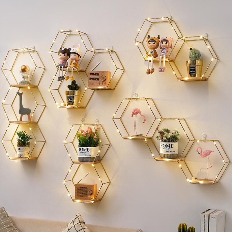 Nordic Wrought Iron Hexagonal Wall Shelf for Home, Bedroom, and Dining Room Decor