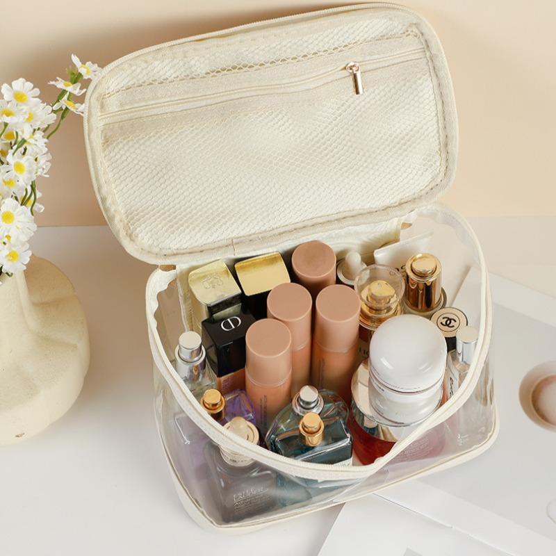 1Pc Women Girls Portable Makeup Bag with Bowknot Design, Clear Window Large Capacity Travel Cosmetic Storage Organizer