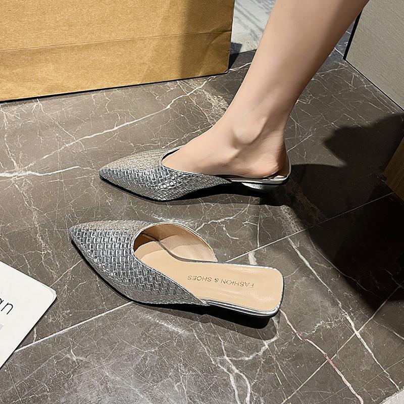 Mode Aphixta Geflochtener Stoff Mittelhohe Absätze Elegante Damen Pantoletten Gold Spitze Zehenpartie Flache Sommerkleid Pantoletten Riemchenschuhe