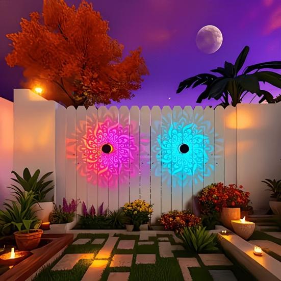 Solar Wall Light, 7 Color Changing Fence Light, Outdoor Projection Lamp, Waterproof Garden Lamp for Yard Patio Backyard Decor