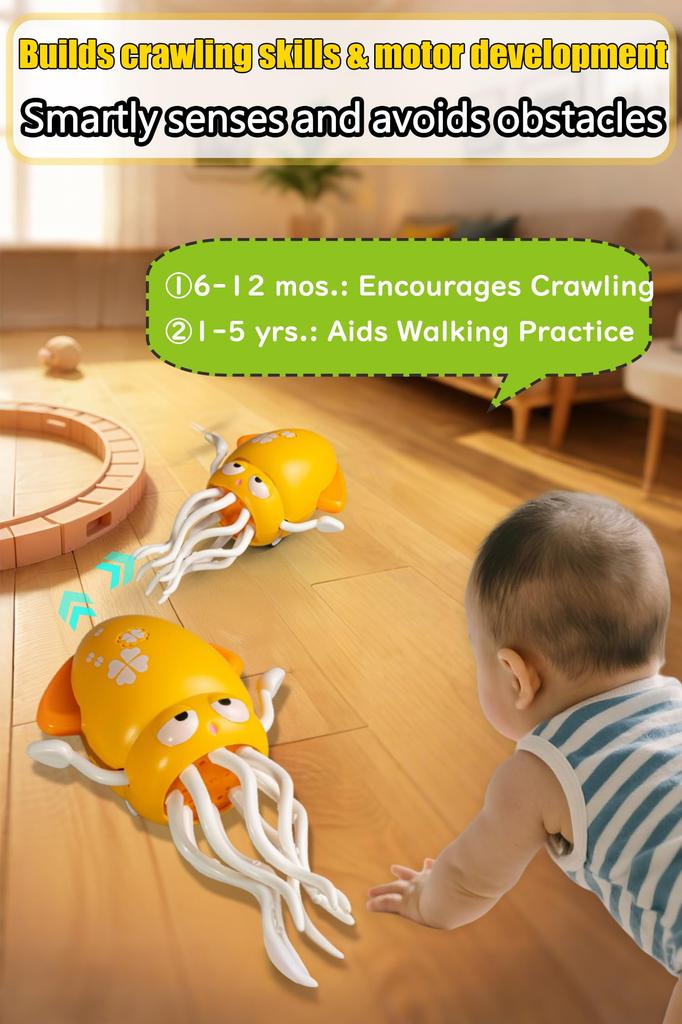 JUYEE Baby Educational Toy for Year Boys and Ages and Birthday Christmas Moving Squid Toy with LED Obstacle USB Rechargeable Toy, 0-1 Olds, Kids,