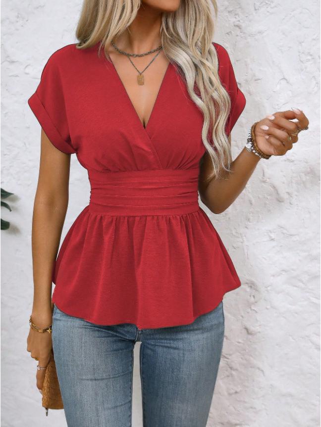 Spring/Summer Women's V-Neck Waist-Cinching Raglan Sleeve Pleated Hem Top