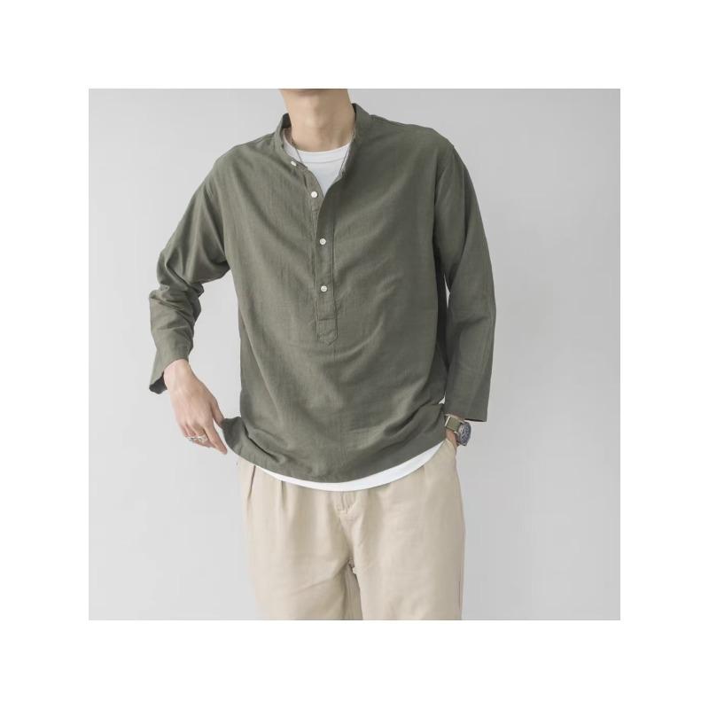 New Solid Color Collarless Long-sleeved Tops for Men Cotton and Linen Comfortable Casual Loose Lining