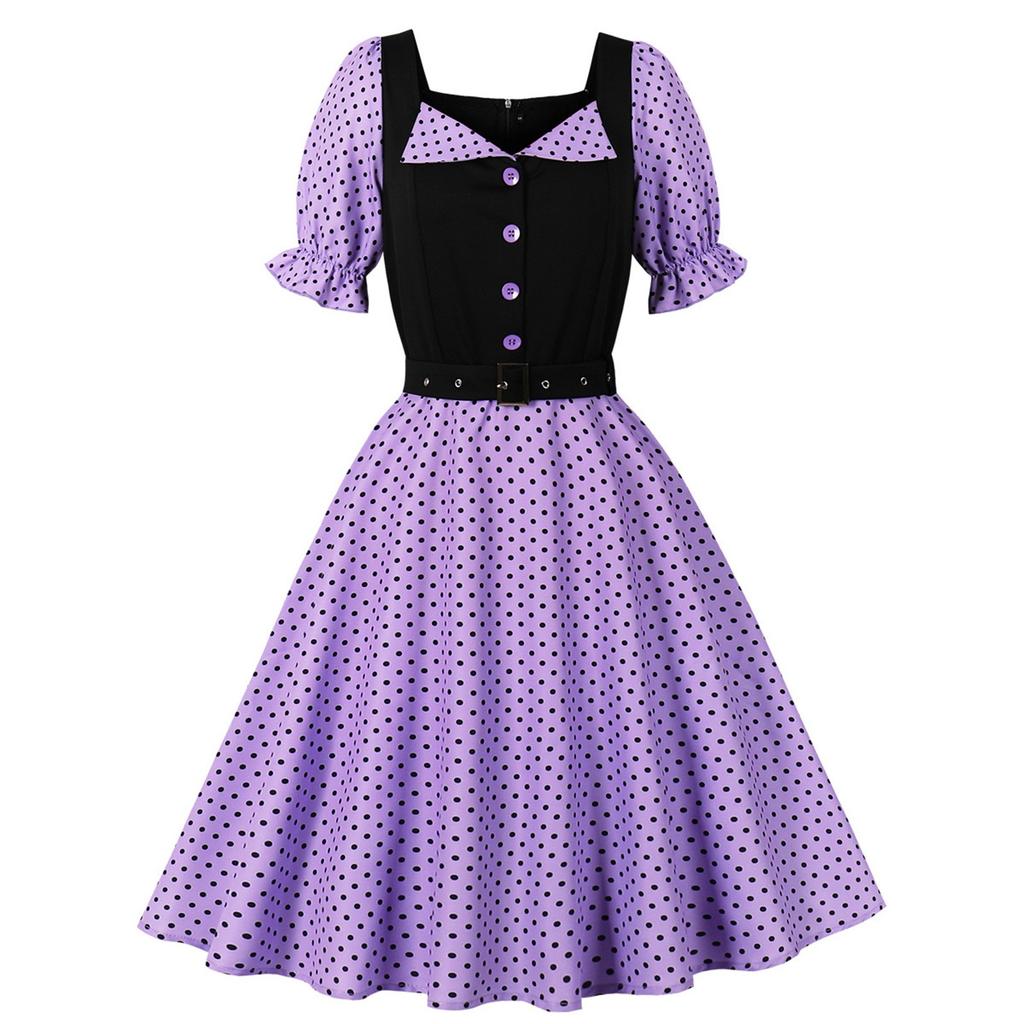 Women's  Literary Retro Suit Collar Polka Dot Short Sleeve Dress With Big Swing Skirt