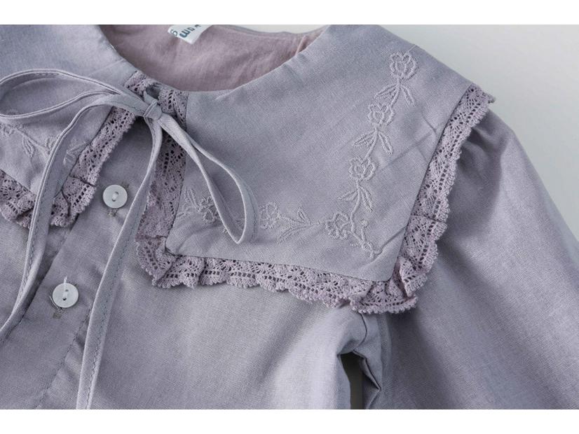 Girls' Spring Embroidered Lace Collar Long Sleeve Cotton Dress