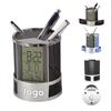 Multifunctional Metal Mesh Perpetual Calendar Pen Holder with Desktop Temperature Clock