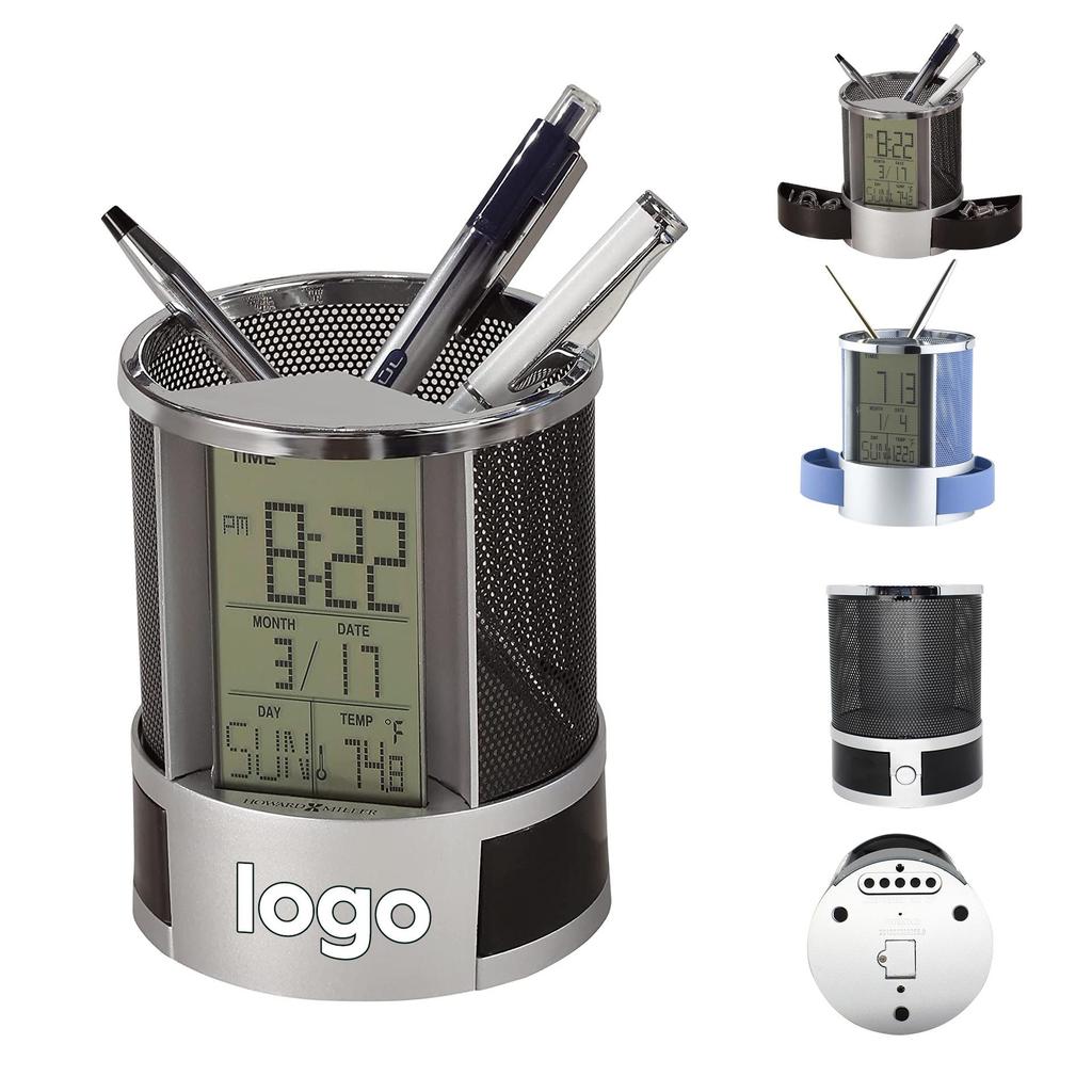 Multifunctional Metal Mesh Perpetual Calendar Pen Holder with Desktop Temperature Clock