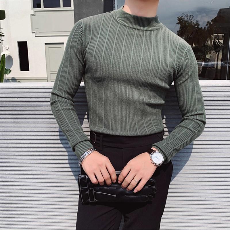 Men's High-Elasticity Ice Silk Ribbed Long Sleeve Striped T-Shirt
