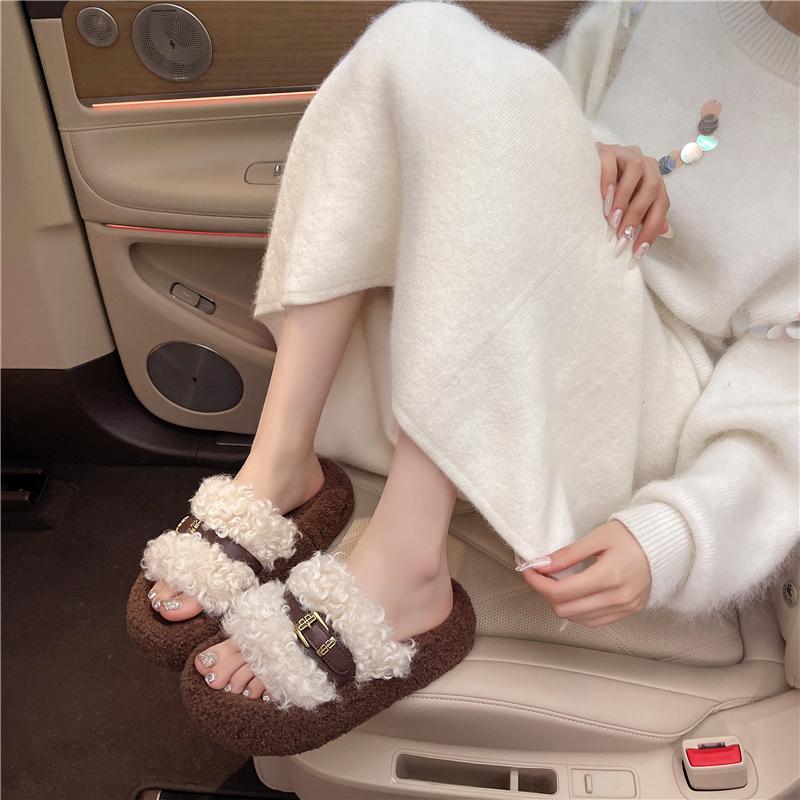 Fashion Wool Slippers Women's Autumn and Winter New Muffin Thick Bottom To Increase Temperament One-word Cotton Slippers