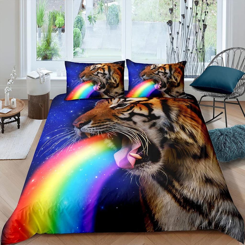 Tiger Wild Animals Duvet Cover Set King Of The Forest Pattern Polyester Comforter Cover King Queen Full Size For Kids Boys Girls