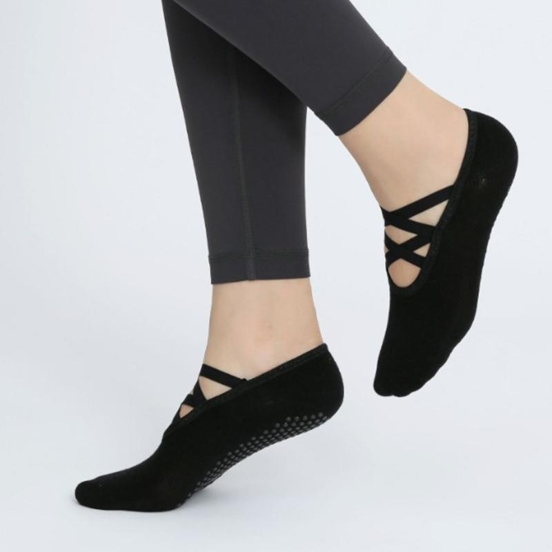 2 Pairs Women's Crisscross Strap Yoga Socks With Nonslip Grip Low Cut Cotton Socks For Pilates Barre Ballet Barefoot