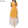 ZANZEA Women Casual V-Neck Short Sleeve Lace Splice Long Dress