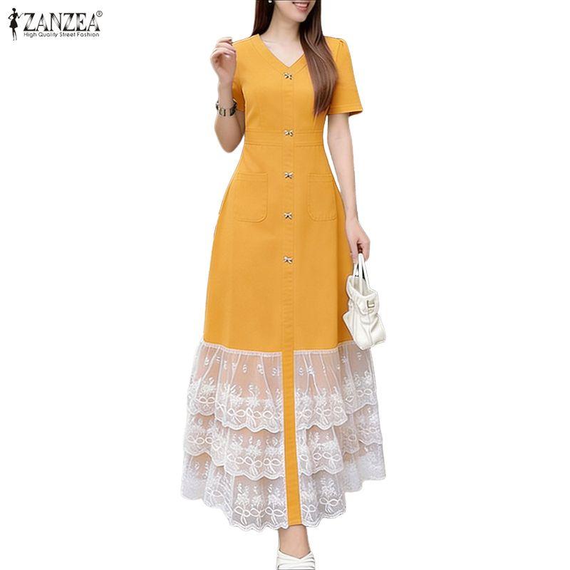 ZANZEA Women Casual V-Neck Short Sleeve Lace Splice Long Dress