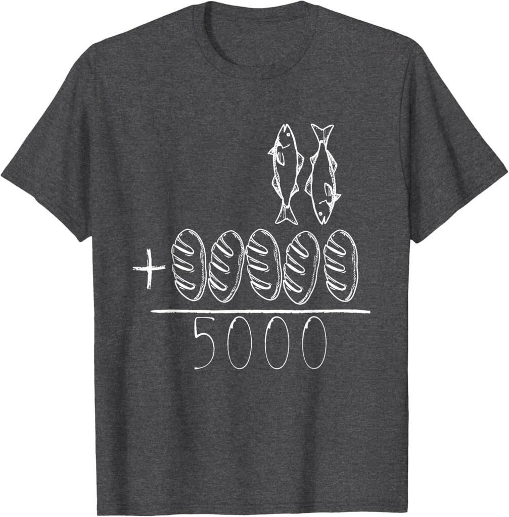 Die Speisung der 5000 Wunder Fisch Brot Jesus Christliche Bibelvers Grafik T-Shirt Herren Freizeit Kurzarm