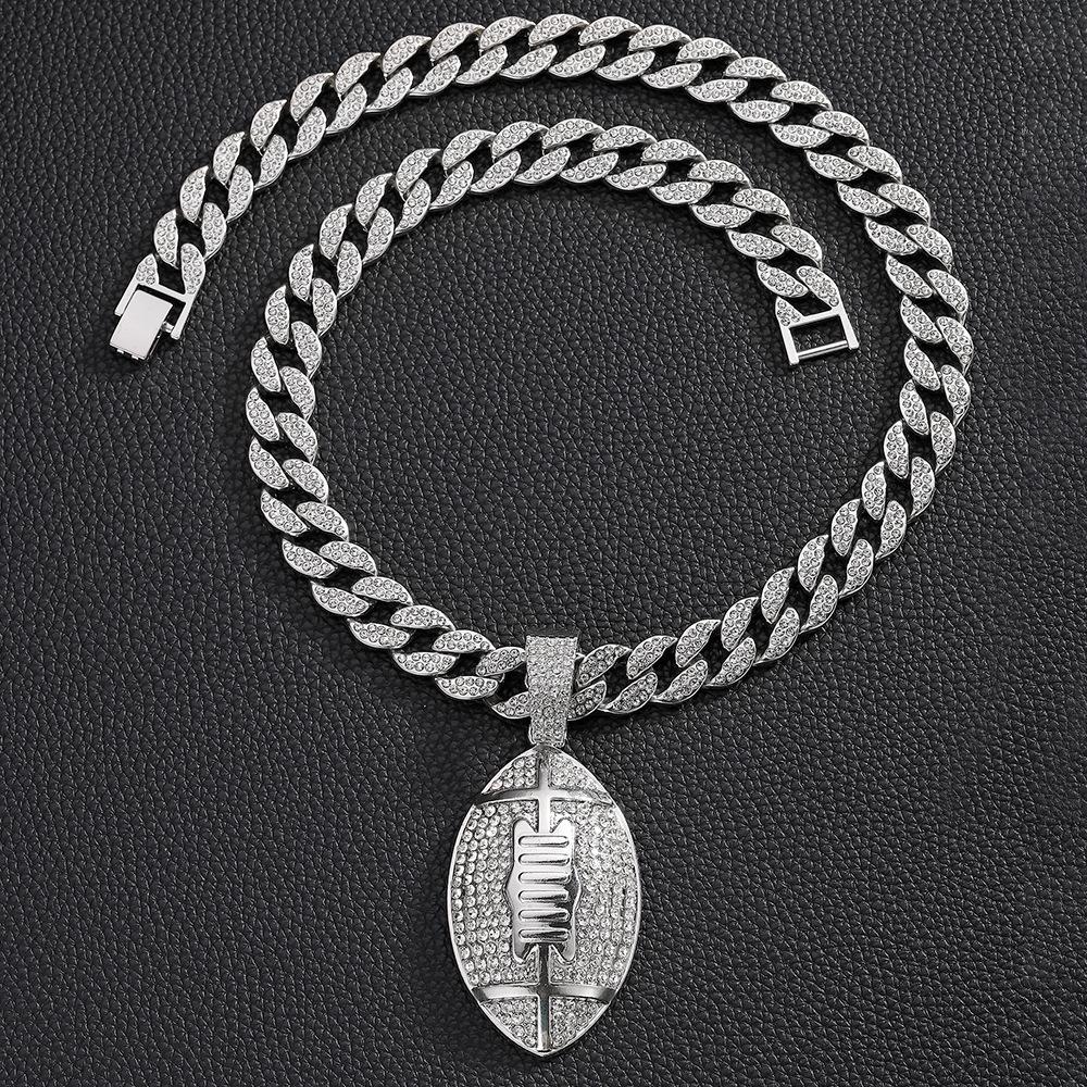 Europe and America New Full Diamond Rugby Alloy Pendant Hip Hop Cuban Chain Tennis Chain Fried Dough Twists Chain Men's Necklace