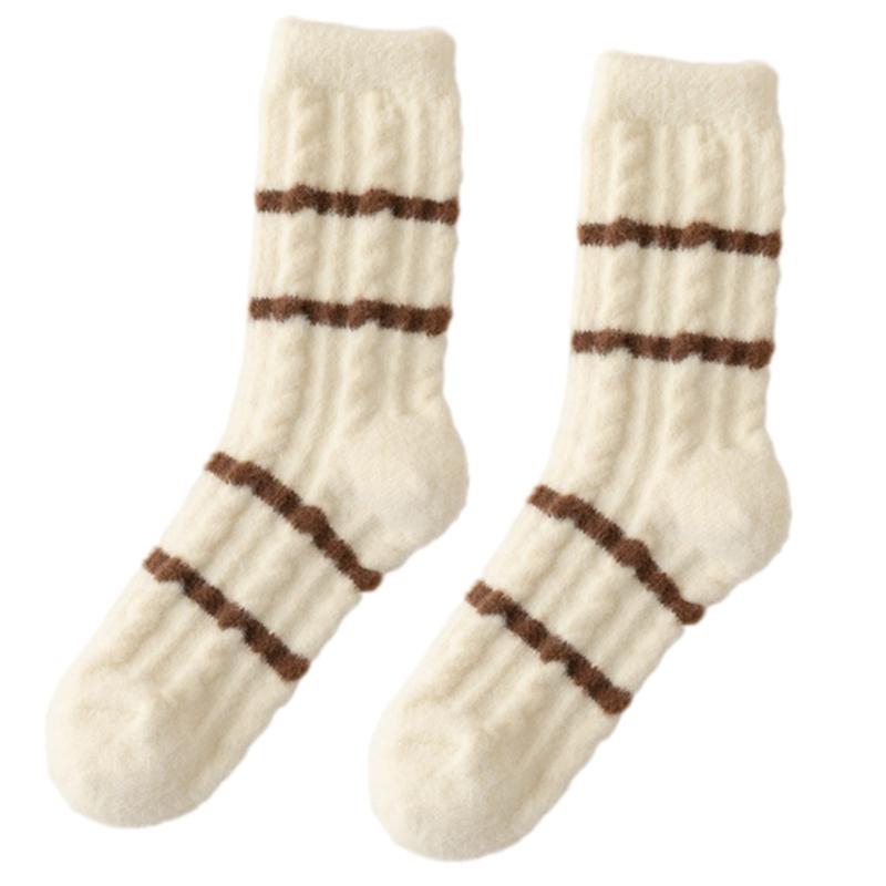 Women Twist Jacquard Fuzzy Plush Socks Winter Warm Color Block Striped Fleece Sleep Socks Thermal Floor Slipper Socks