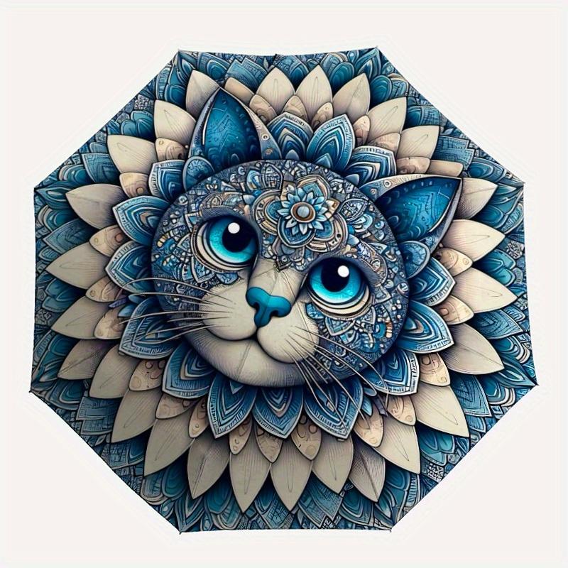 

1pc Mandala Cat Art Automatic Folding Umbrella - 8-Rib Iron Frame, Windproof, Portable Sunshade with Plastic Handle for Travel & Outdoor Act