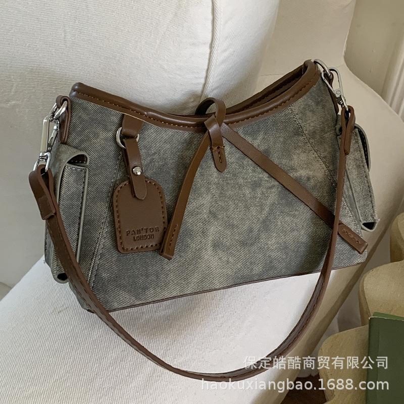 Contrasting Color Hand Bag Women's 2025 New High-end Retro Shoulder Bag To Work Commuter Messenger Bag Bucket Bag