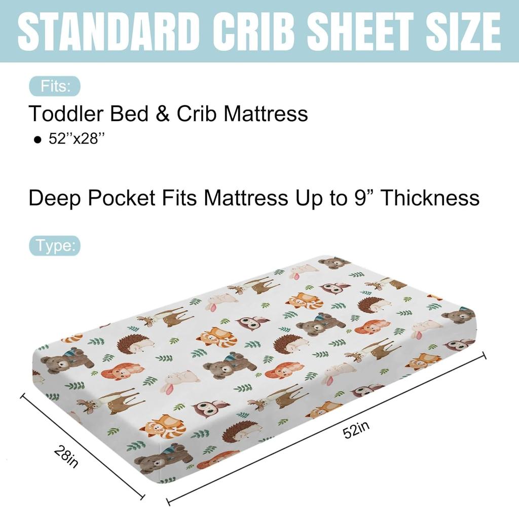 Cute Woodland Animals Leaves Baby Crib Sheet 52''x28'' Bear Raccoon Squirrel Deer Rabbit Hedgehog Owl Fitted Crib Cover for Boy Girl Nursery Crib