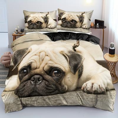 2/3pcs 3D Cute Dog Print Duvet Cover Set (1 Duvet Cover + 1/2 Pillowcase ), Pug Dog Bedding Set For Bedroom Dorm Room