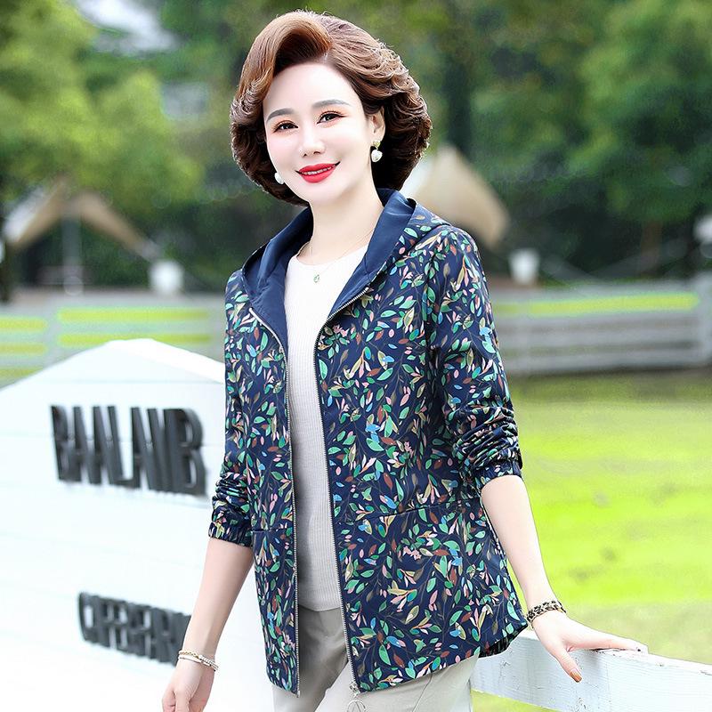 

2026 Spring Floral Windproof Hooded Jacket for Middle-Aged & Elderly Moms - Plus Size, Warm & Slimming 4XL (67.5-72.5 kg) темно-синий