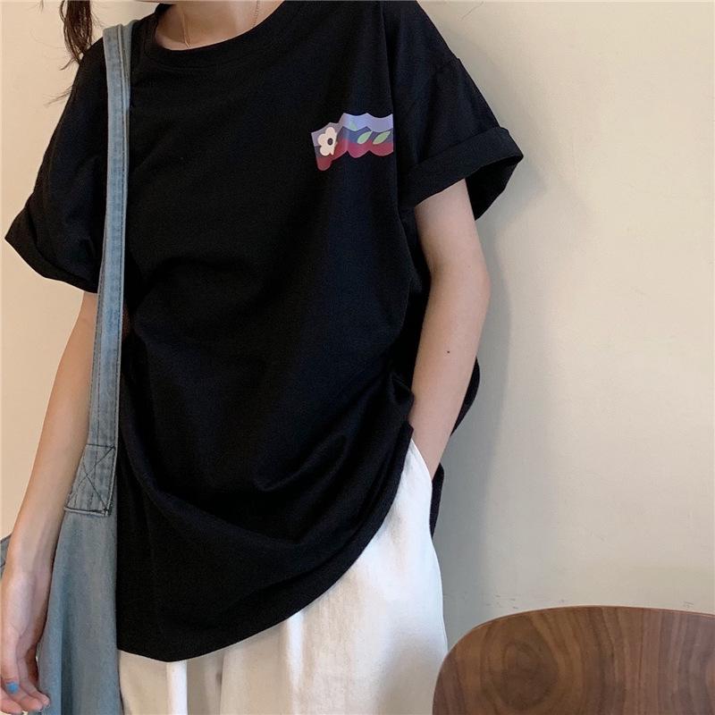 

2022 Лето Корейский стиль Черная Мода интернет-знаменитости Свободная футболка с коротким рукавом для женщин M чёрный