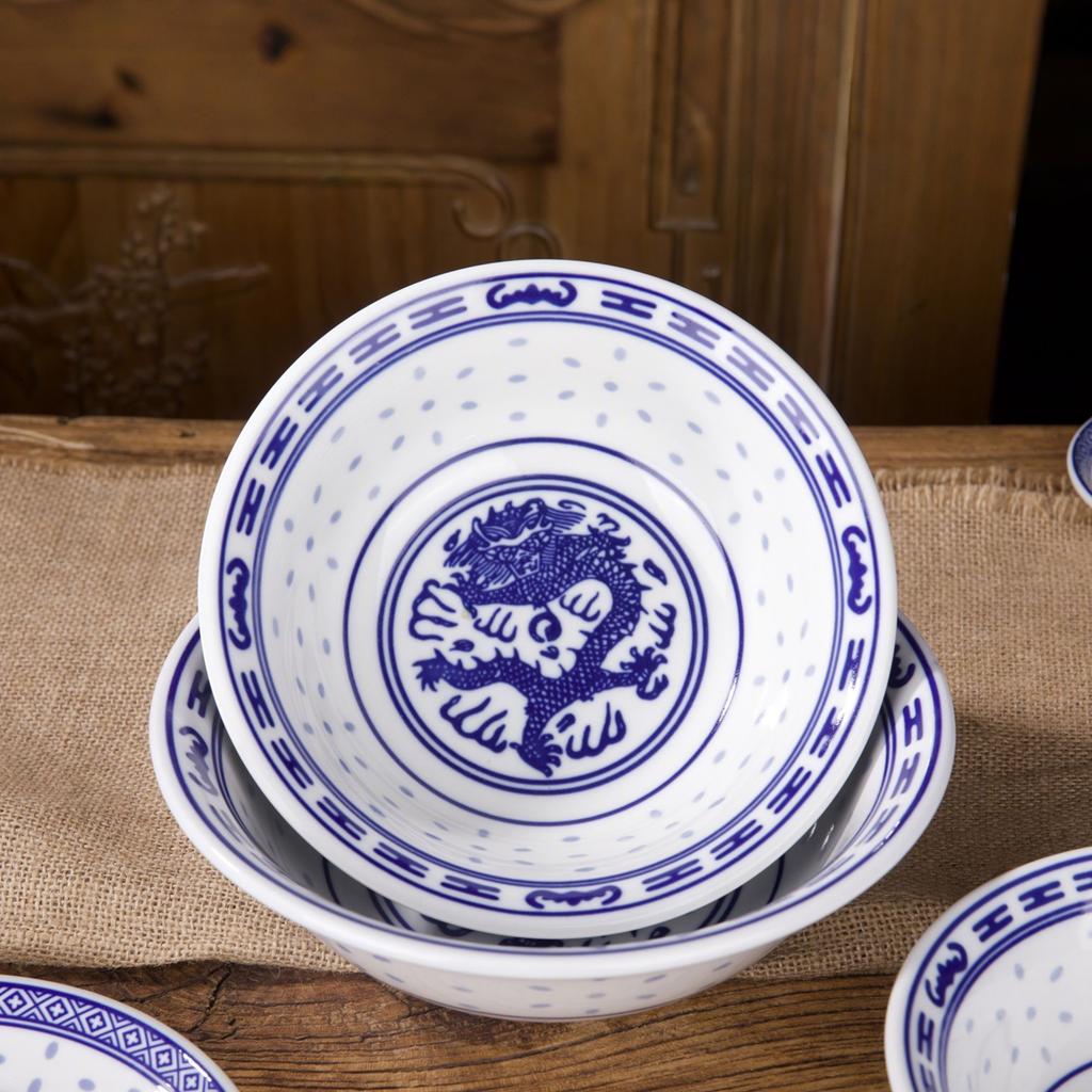 Conjunto Tigela Dragão Porcelana Azul e Branca – Tigelas Cerâmicas para Sopa de Arroz e Macarrão Prato Sob Esmalte