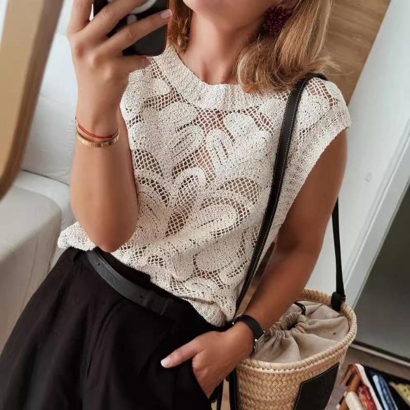 

Новые летние свободные повседневные майки без рукавов, женские модные элегантные ажурные сексуальные короткие майки, женские майки, элегантный ретро-тонкий жилет с круглым вырезом 26202 L бежевый