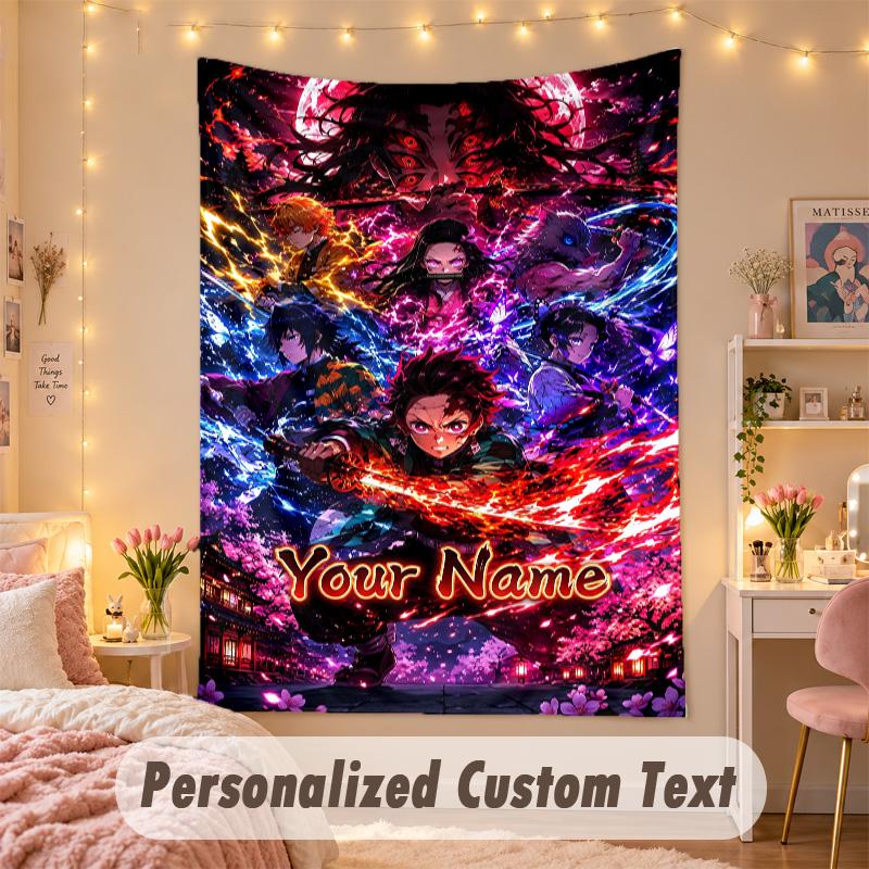 Custom Personalized Tapestry,Demon Slayer Print Custom Name Text Wall Art Hanging for Bedroom