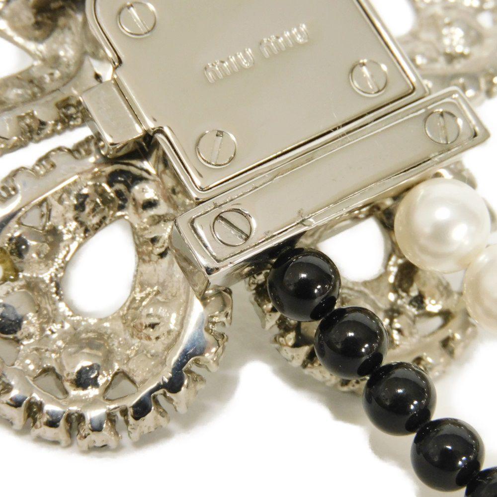Used 12166 Crystal Pearl Flower 5AJL05 7984 Beaded Black Clear Silver Double Push Lock Logo White Women's from Japan