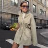 Womens Stand Collar Mid-Length Cotton Windbreaker Jacket With Drawstring Waist Casual Winter Coat