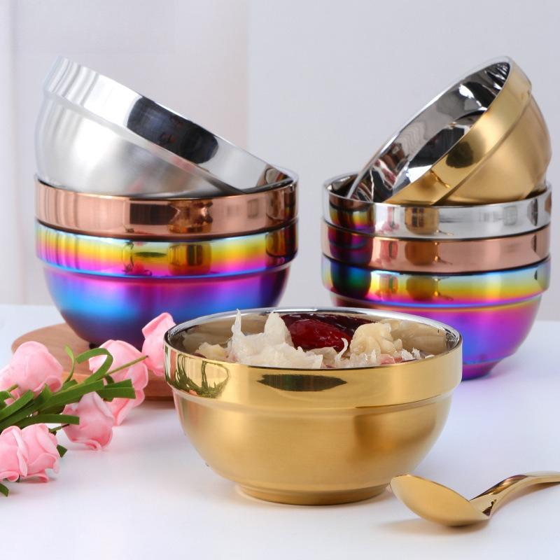 304 Stainless Steel Bowl Double Layer Insulated Rice Bowl Kids Tableware Soup Bowl for School Cafeteria